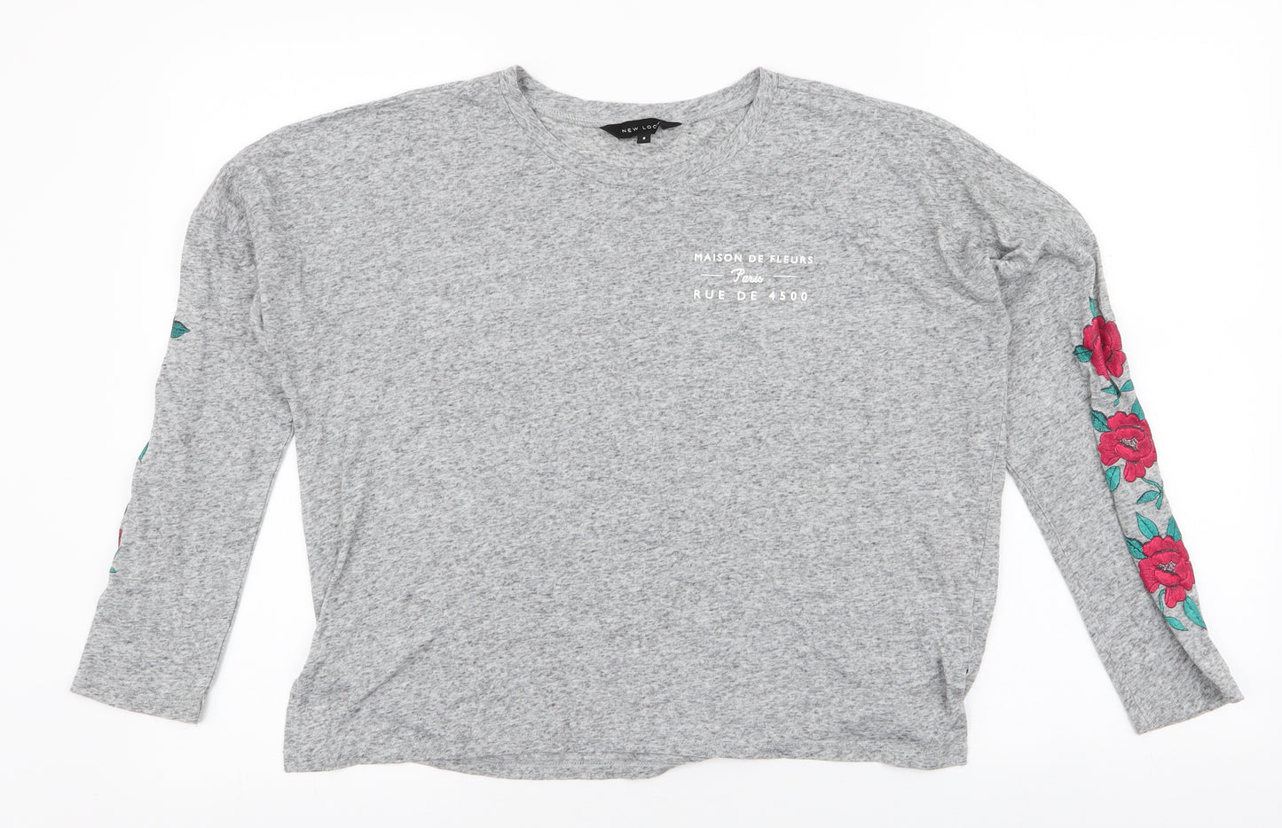 New Look Womens Grey Floral Polyester Jersey T-Shirt Size 8 Round Neck - Roses
