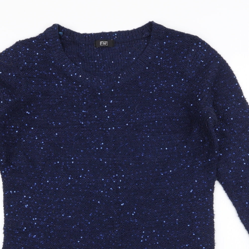 F&F Womens Blue Round Neck  Acrylic Pullover Jumper Size 10