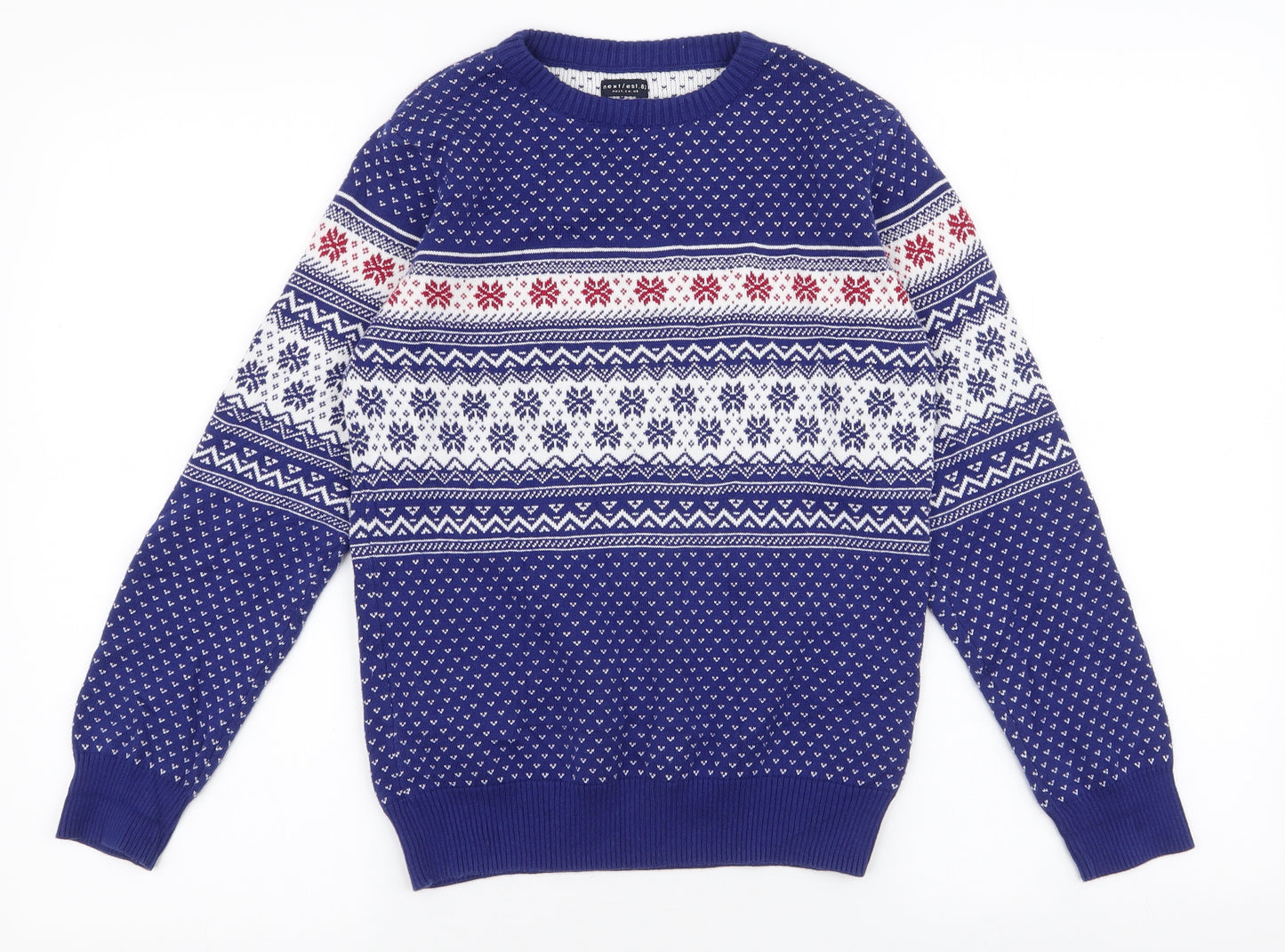 NEXT Boys Blue Round Neck Fair Isle 100% Cotton Pullover Jumper Size 10 Years  Pullover