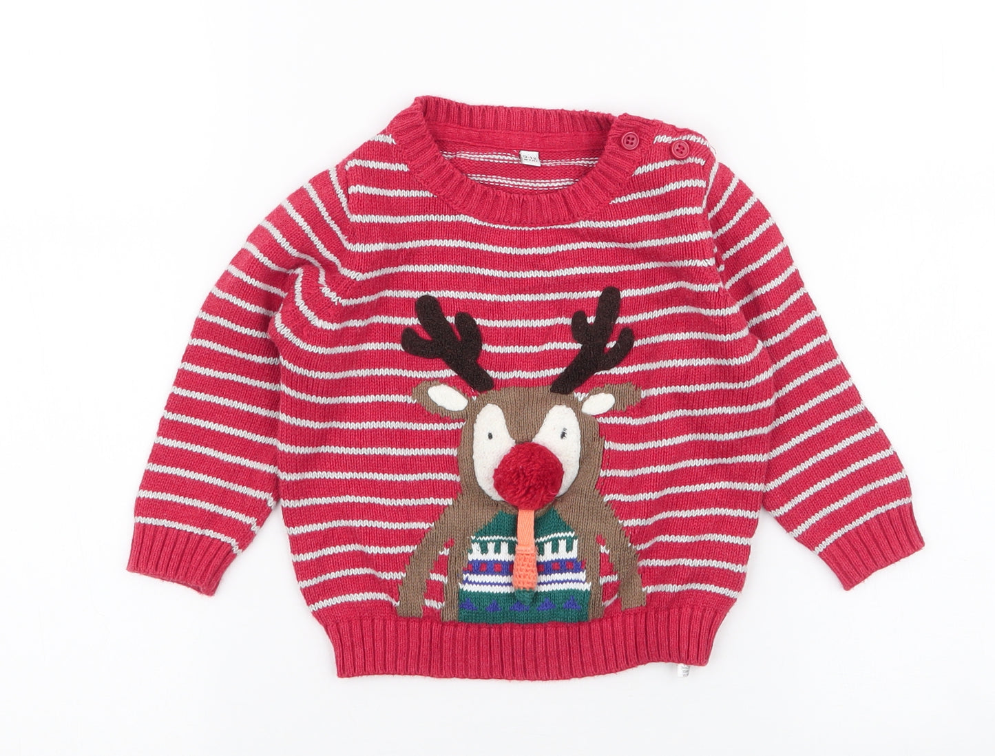 Marks and Spencer Boys Red Striped 100% Cotton Pullover Jumper Size 9-12 Months  Button - reindeer