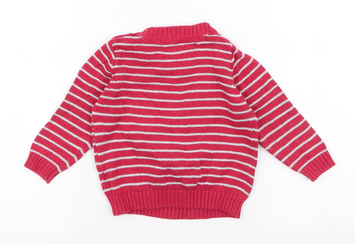 Marks and Spencer Boys Red Striped 100% Cotton Pullover Jumper Size 9-12 Months  Button - reindeer