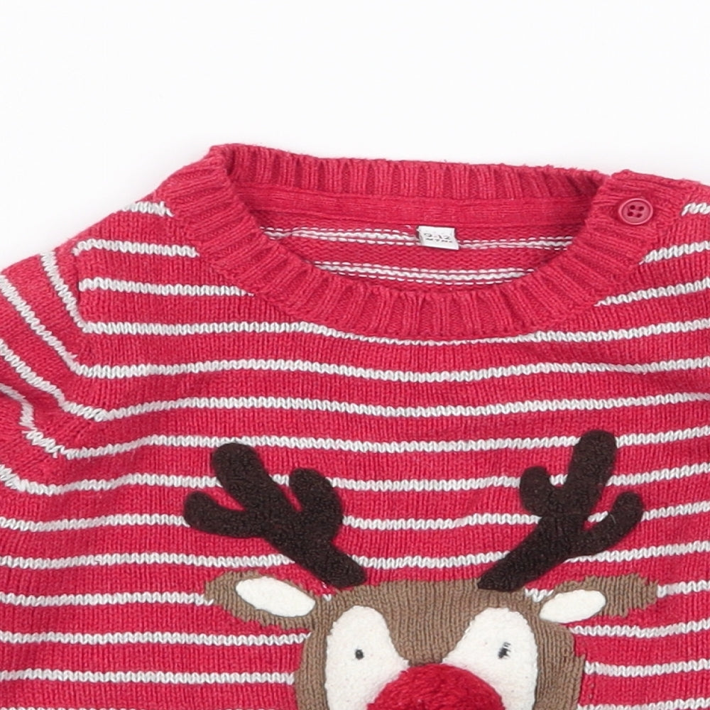 Marks and Spencer Boys Red Striped 100% Cotton Pullover Jumper Size 9-12 Months  Button - reindeer