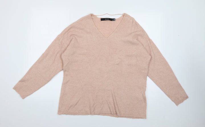 VERO MODA Womens Pink V-Neck Acrylic Pullover Jumper Size L