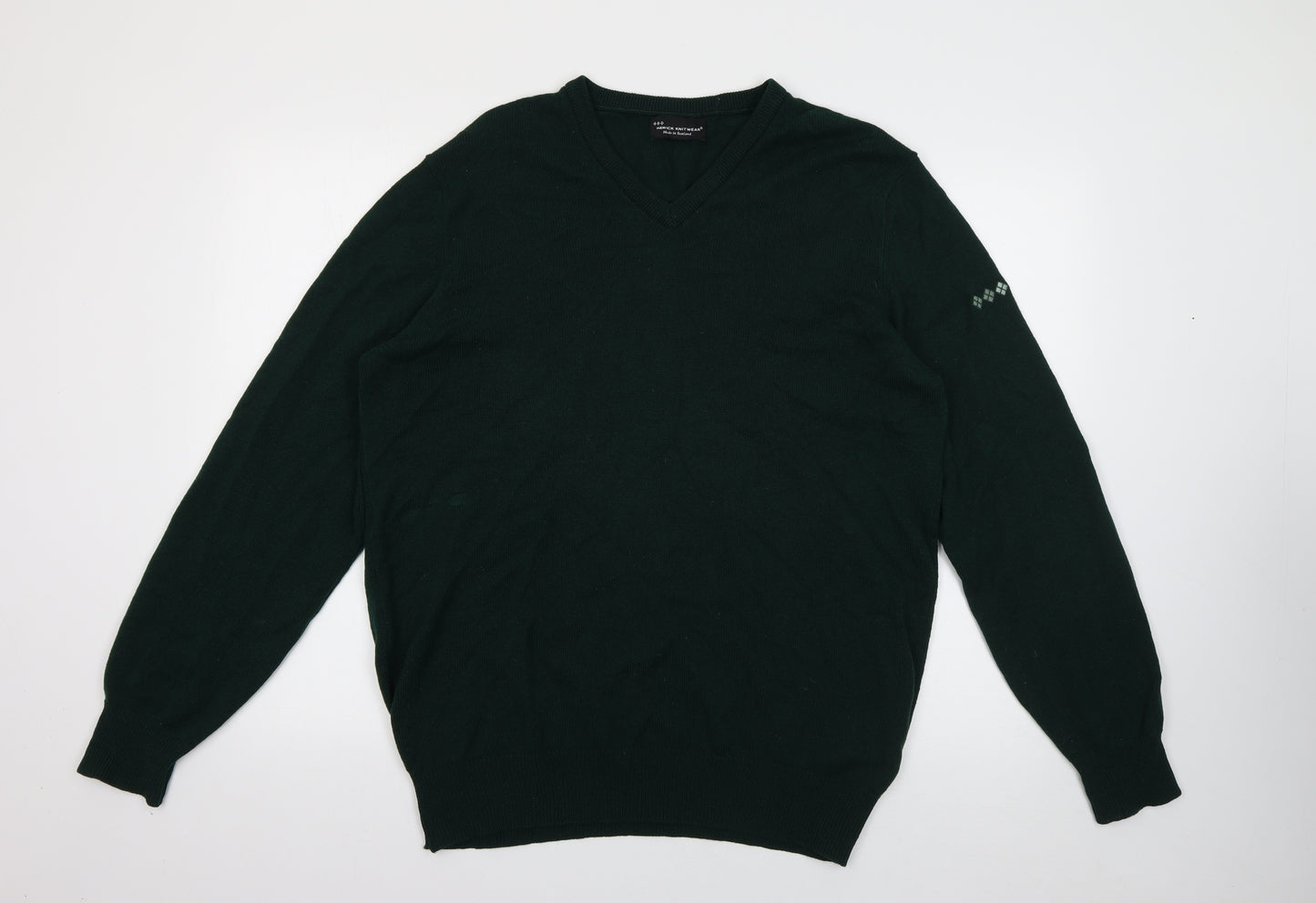 Hawick Knitwear Mens Green V-Neck  Wool Pullover Jumper Size L