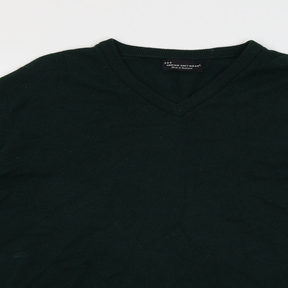 Hawick Knitwear Mens Green V-Neck  Wool Pullover Jumper Size L