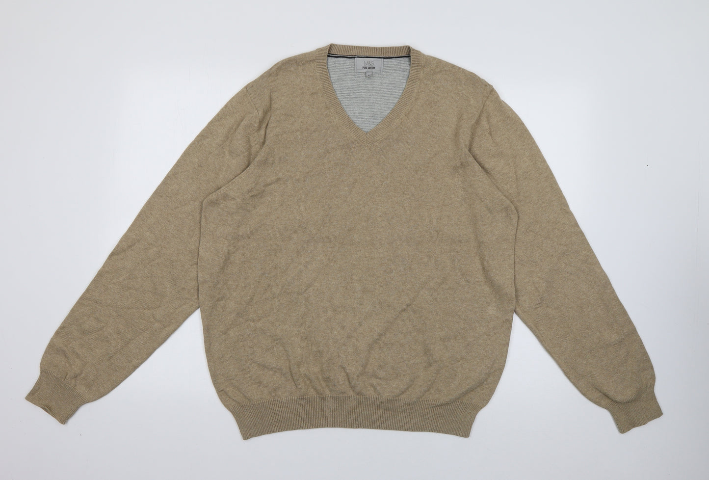 Marks and Spencer Mens Beige V-Neck  Cotton Pullover Jumper Size L