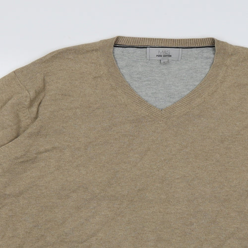 Marks and Spencer Mens Beige V-Neck  Cotton Pullover Jumper Size L