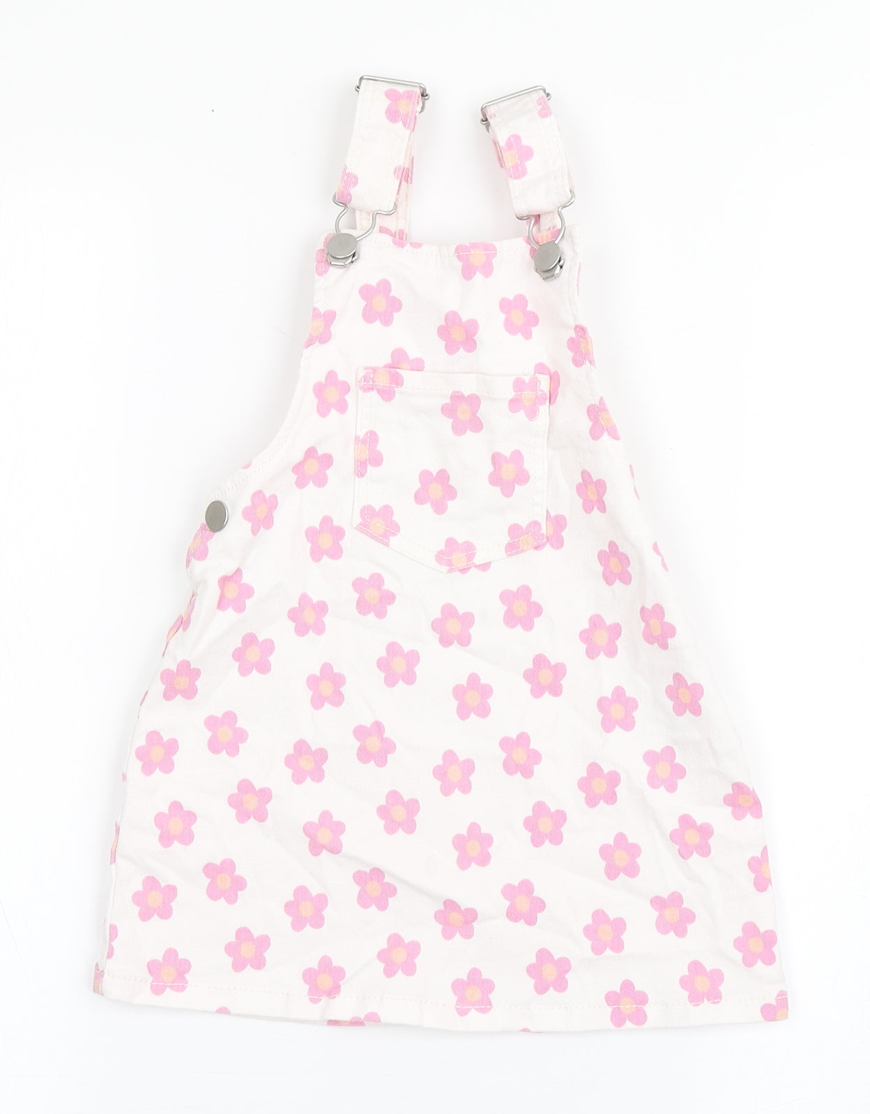 Primark Girls White Floral Cotton Dungaree One-Piece Size 3-4 Years  Pullover - Flowers