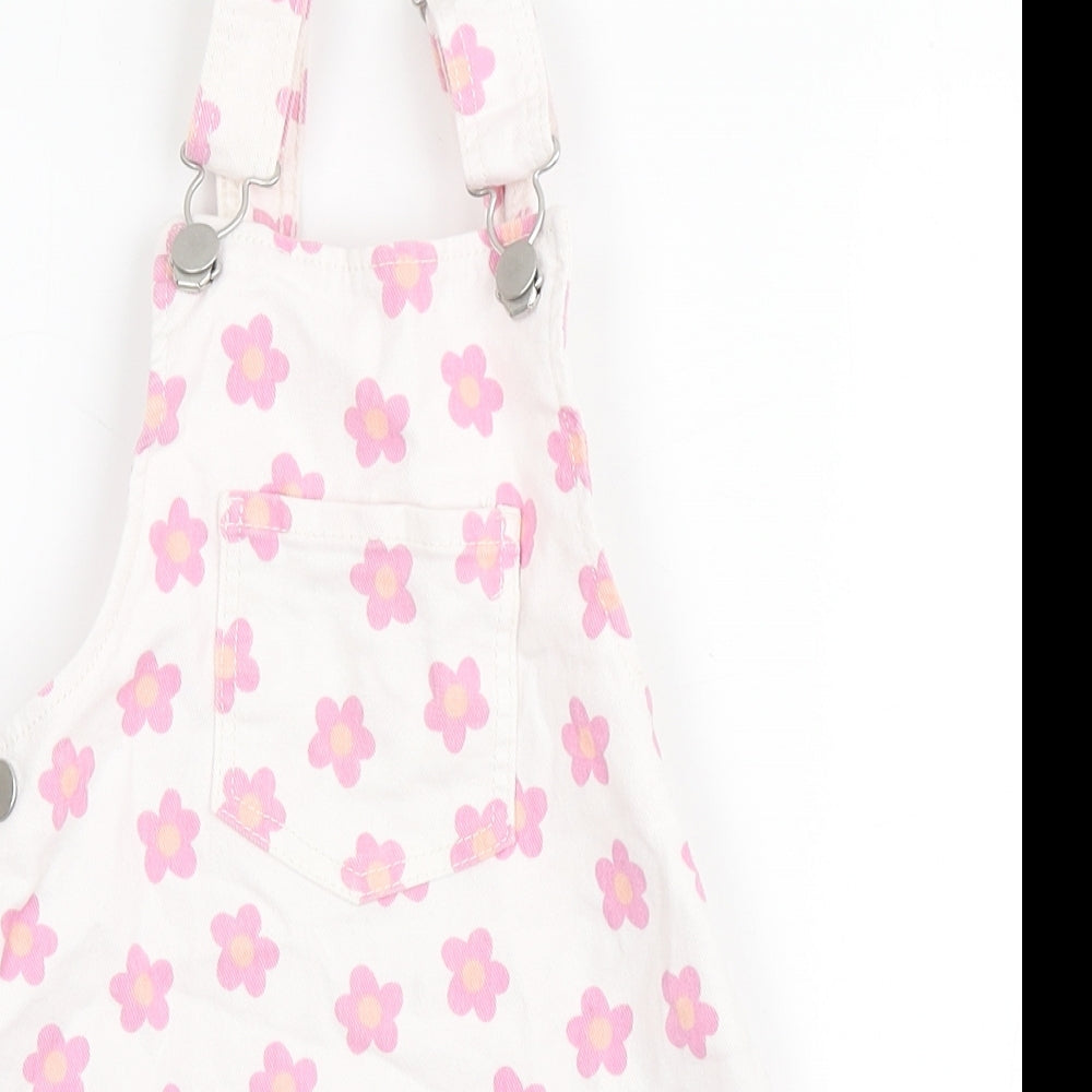 Primark Girls White Floral Cotton Dungaree One-Piece Size 3-4 Years  Pullover - Flowers