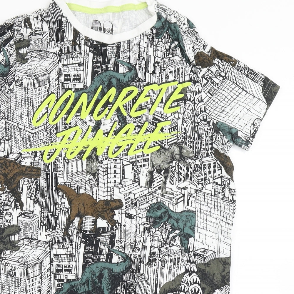 F&F Boys White  Cotton Basic T-Shirt Size 12-13 Years Round Neck Pullover - Dinosaur