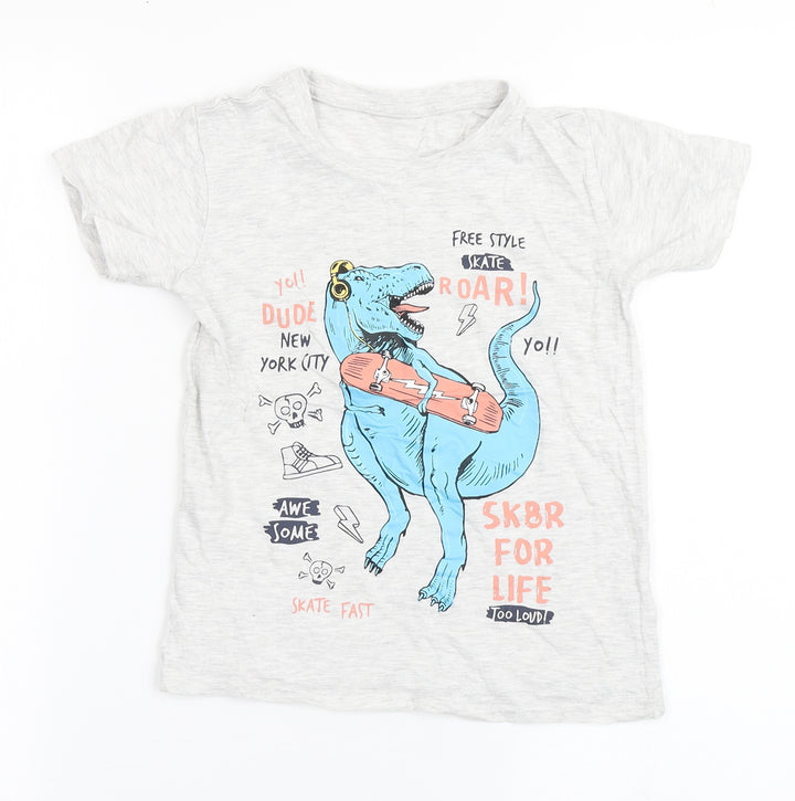 Dunnes Stores Boys Grey Cotton Basic T-Shirt Size 6 Years Round Neck Pullover - Dinosaur