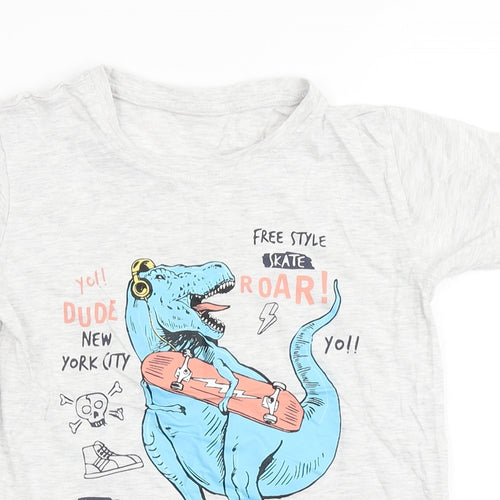 Dunnes Stores Boys Grey  Cotton Basic T-Shirt Size 6 Years Round Neck Pullover - Dinosaur