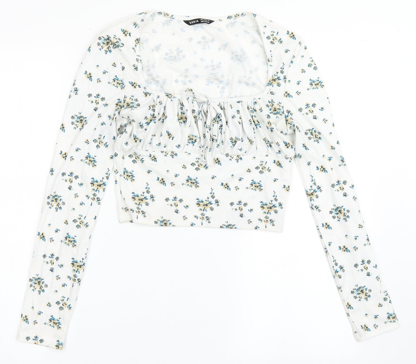 SheIn Womens White Floral Polyester Basic T-Shirt Size S Scoop Neck