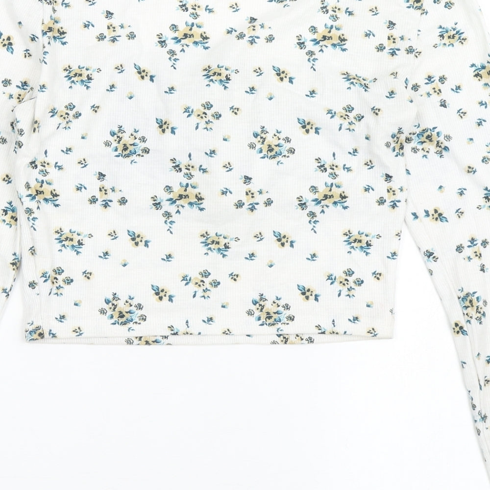 SheIn Womens White Floral Polyester Basic T-Shirt Size S Scoop Neck