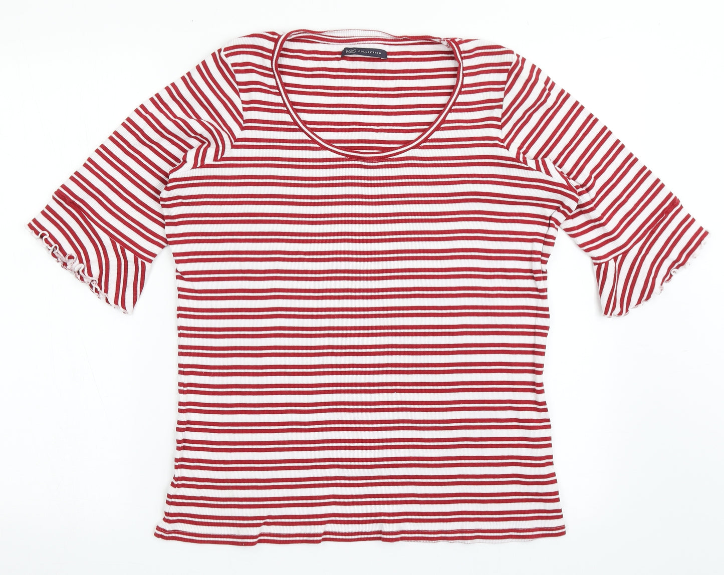 Marks and Spencer Womens Red Striped 100% Cotton Basic T-Shirt Size 18 Scoop Neck