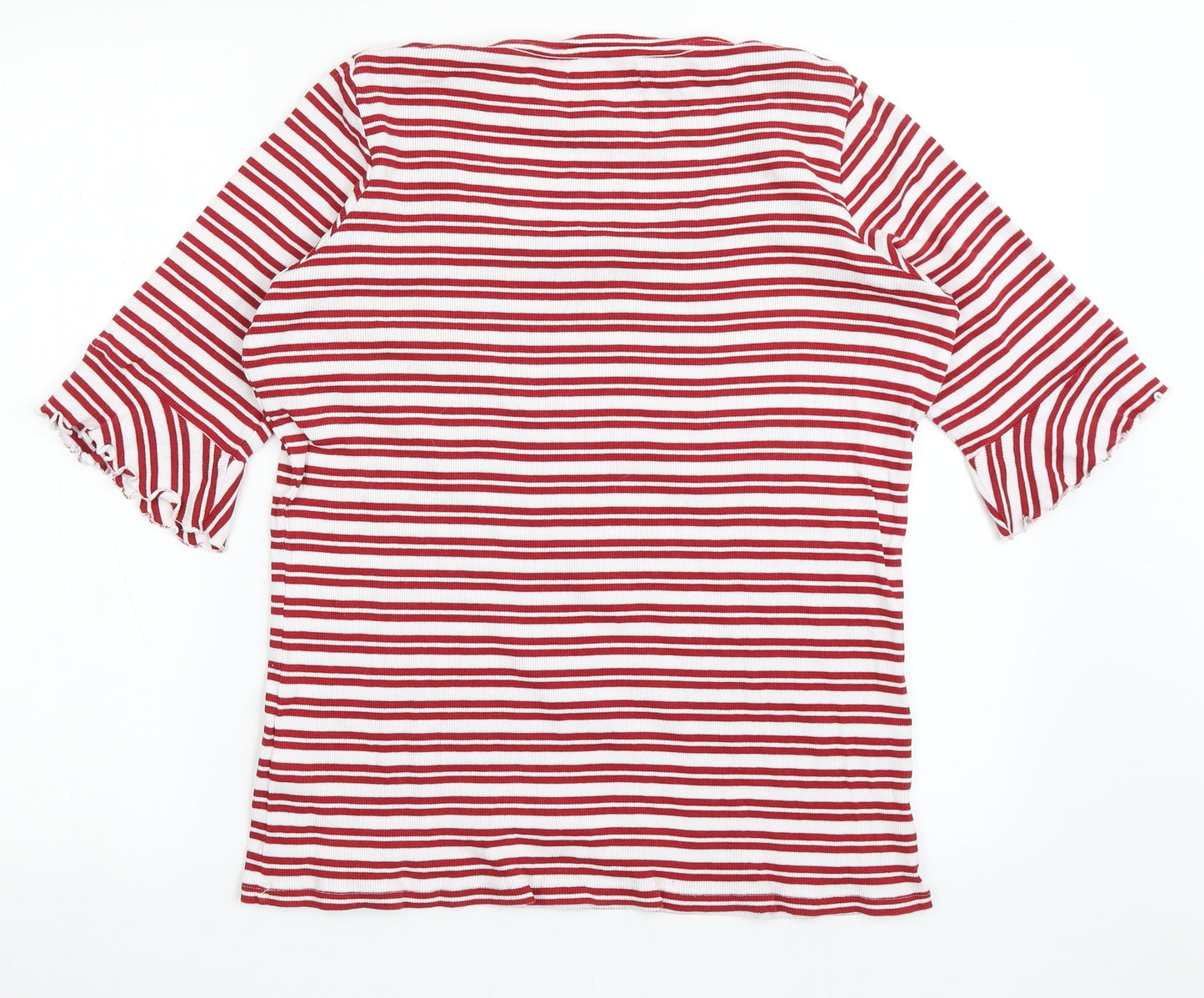 Marks and Spencer Womens Red Striped 100% Cotton Basic T-Shirt Size 18 Scoop Neck