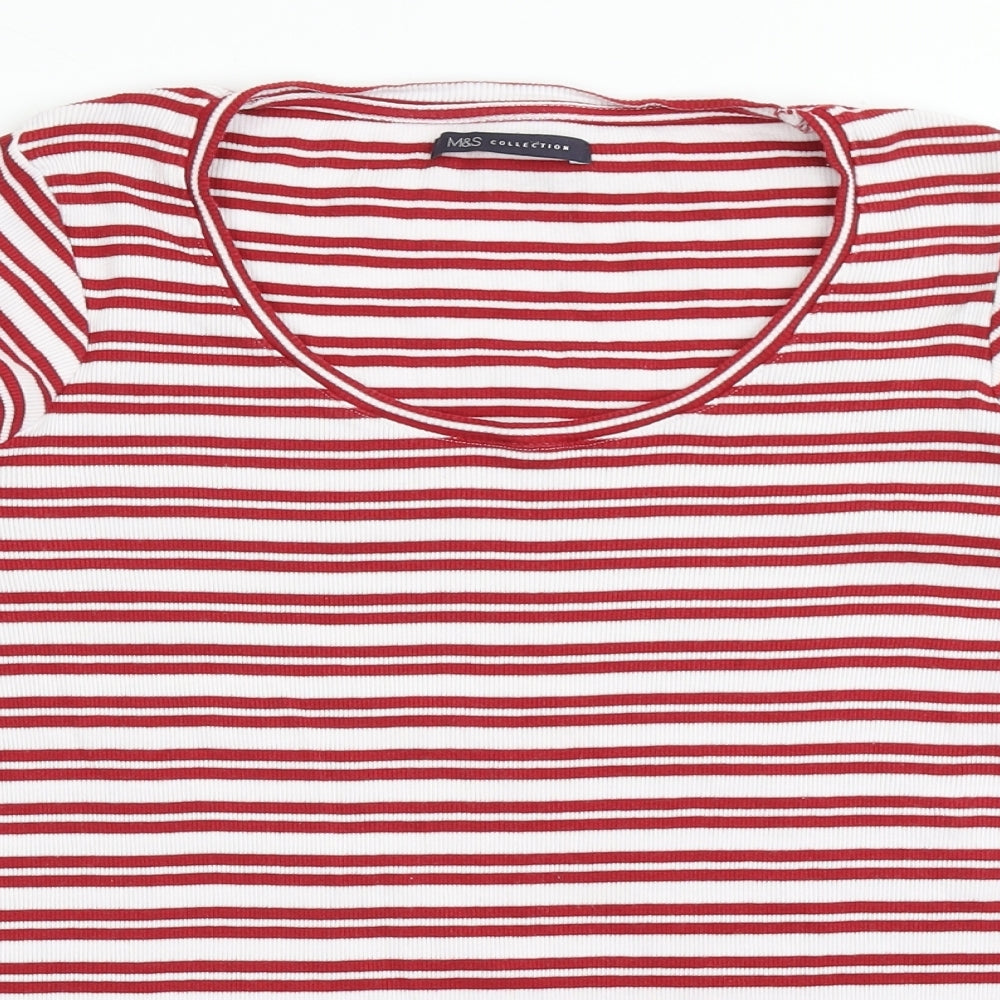 Marks and Spencer Womens Red Striped 100% Cotton Basic T-Shirt Size 18 Scoop Neck