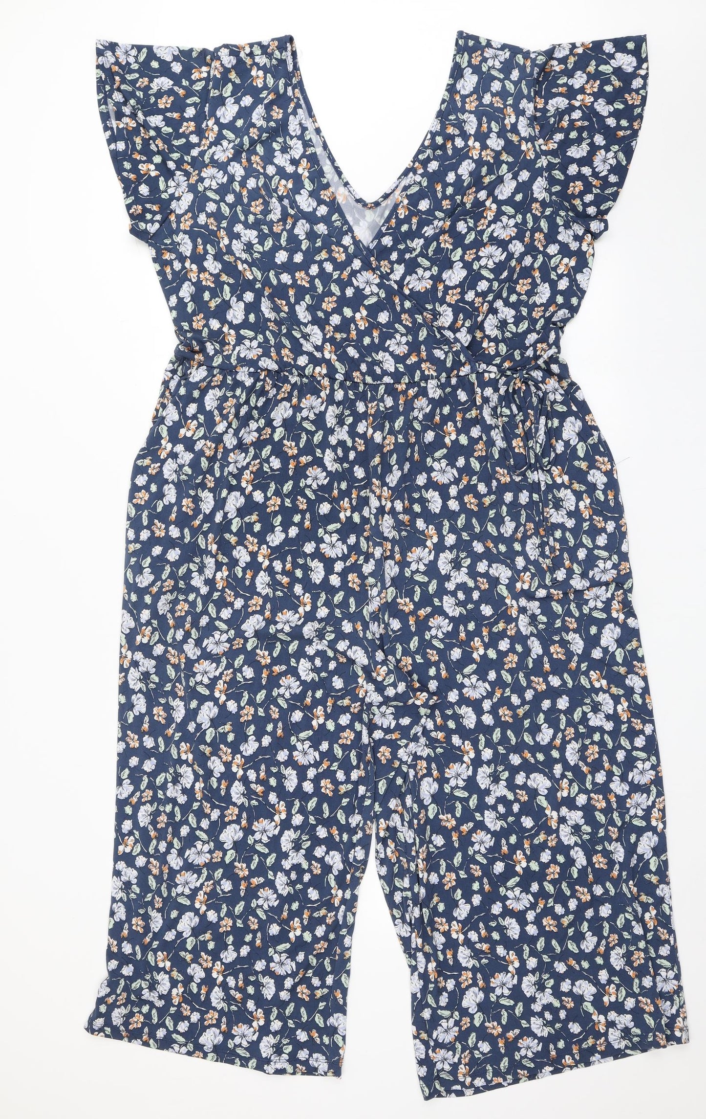 Gilli Womens Blue Floral Polyester Jumpsuit One-Piece Size 2XL L21 in Pullover - Cropped Leg