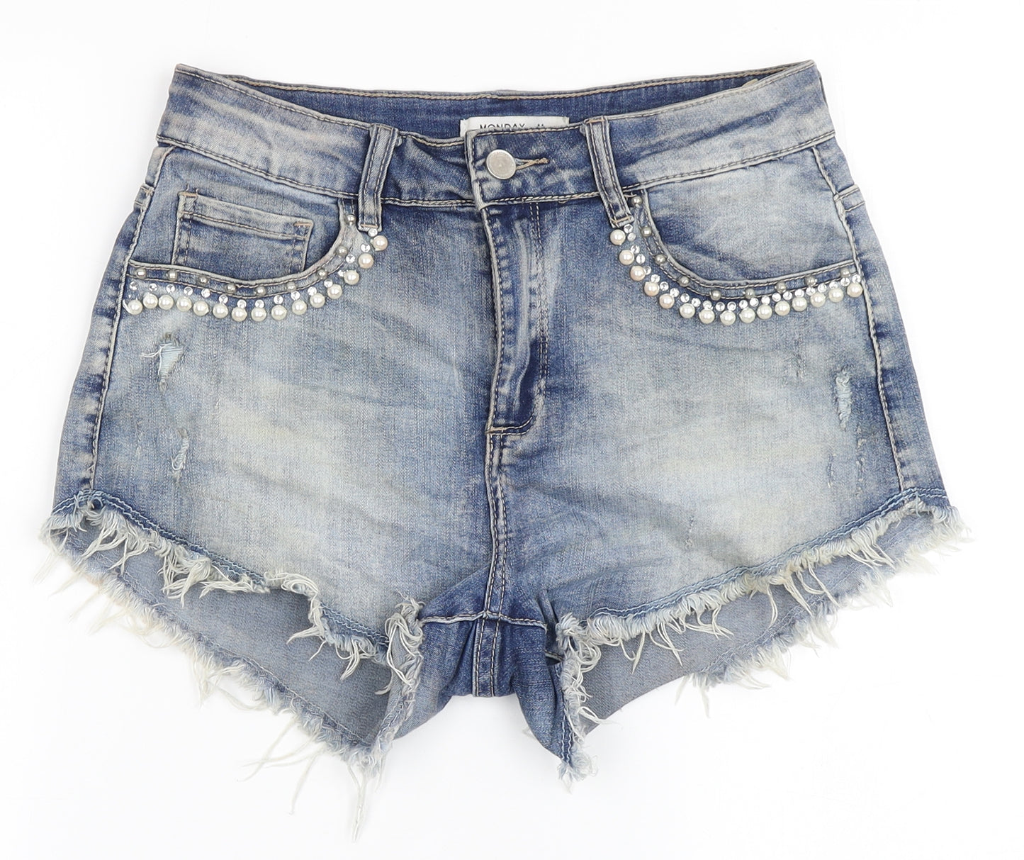Monday Womens Blue  Cotton Hot Pants Shorts Size M  Regular Button