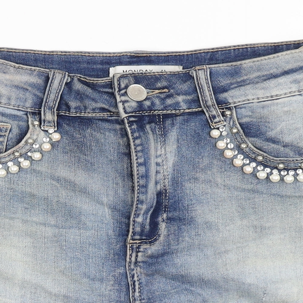 Monday Womens Blue  Cotton Hot Pants Shorts Size M  Regular Button