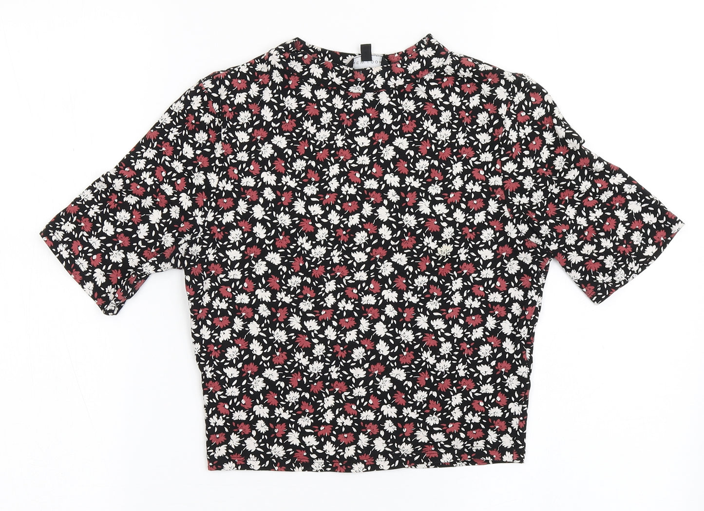 New Look Womens Black Floral Cotton Cropped T-Shirt Size 10 High Neck