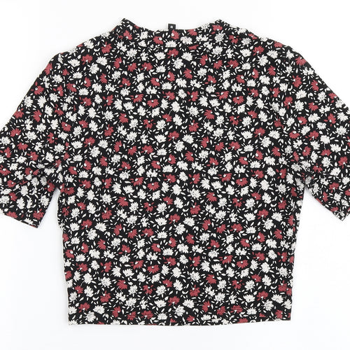 New Look Womens Black Floral Cotton Cropped T-Shirt Size 10 High Neck