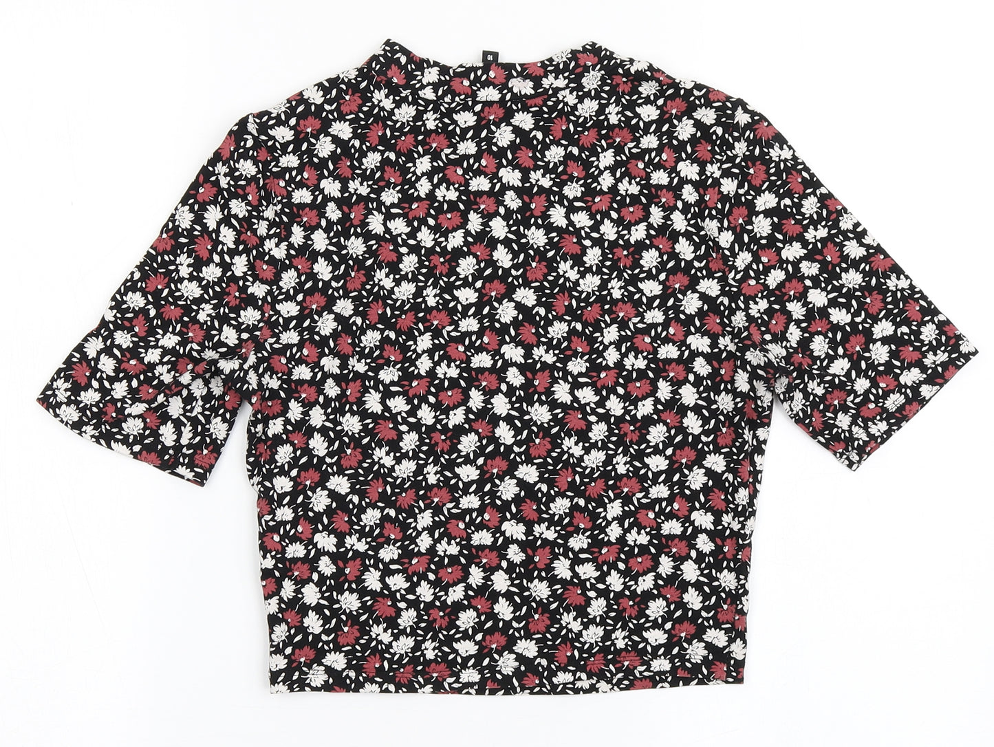 New Look Womens Black Floral Cotton Cropped T-Shirt Size 10 High Neck