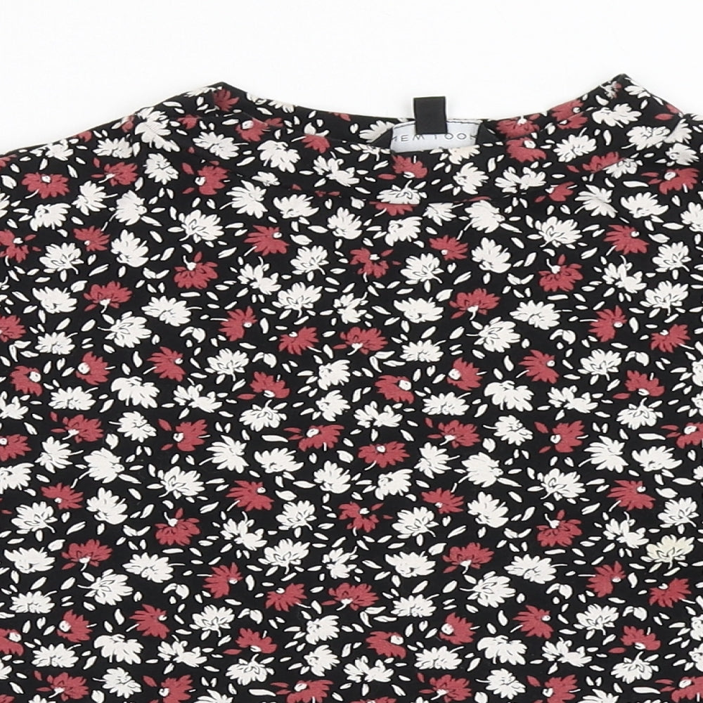 New Look Womens Black Floral Cotton Cropped T-Shirt Size 10 High Neck