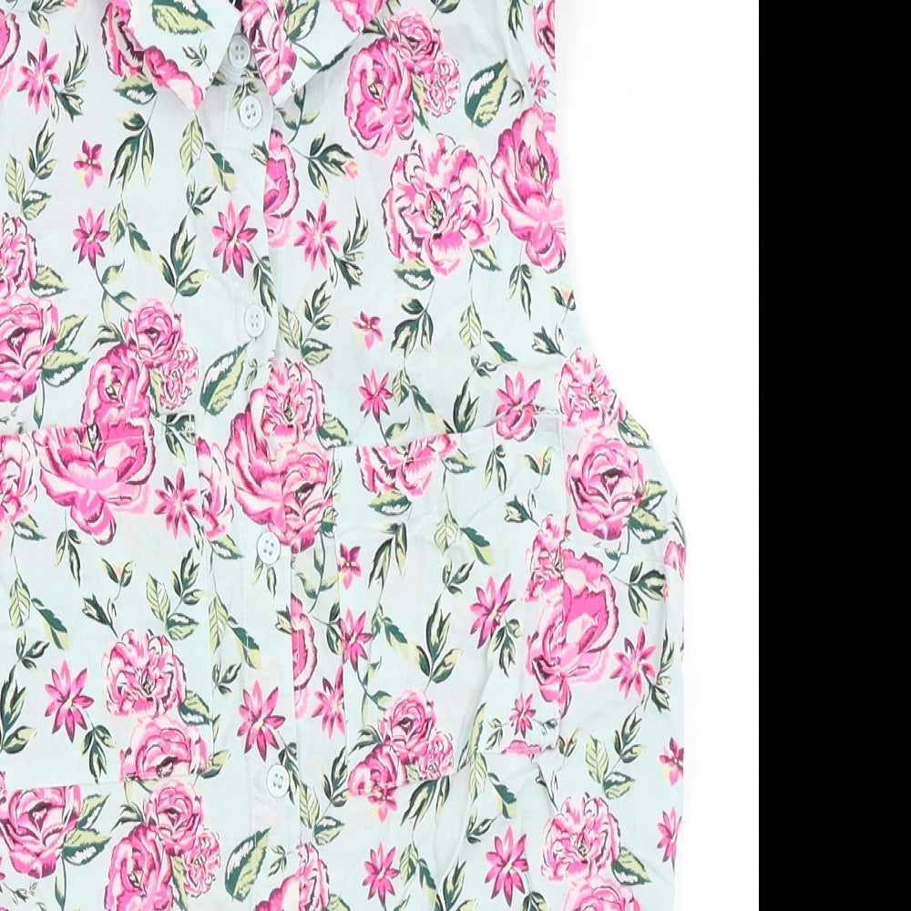H&M Womens Blue Floral Viscose Cropped Button-Up Size 10 Collared