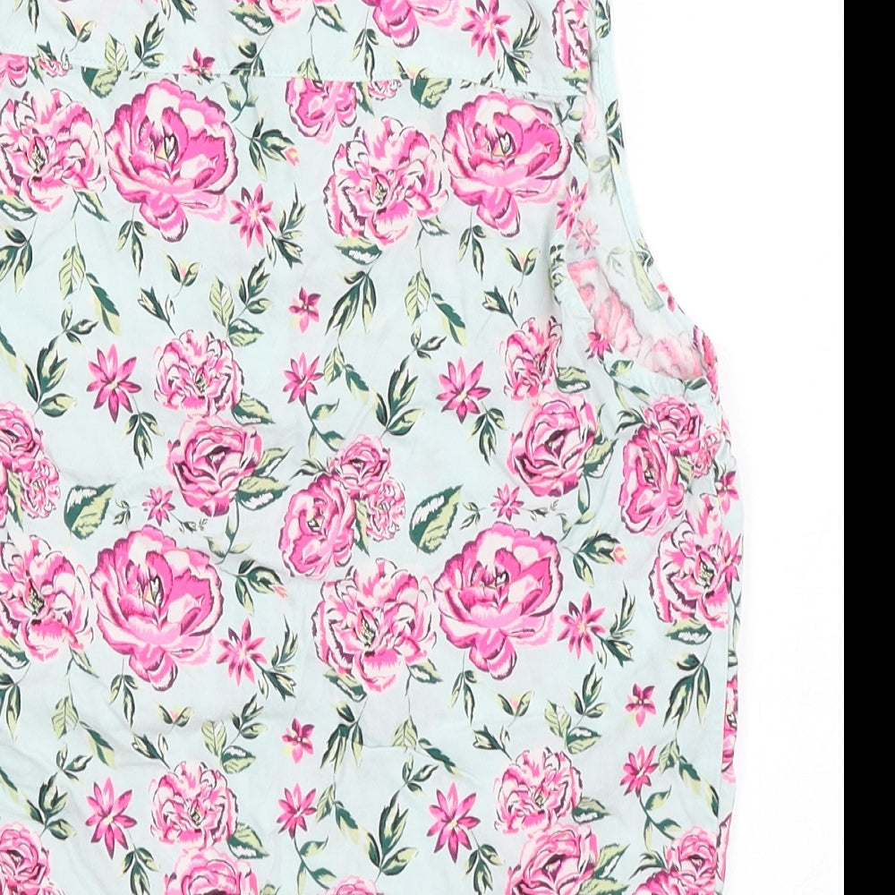 H&M Womens Blue Floral Viscose Cropped Button-Up Size 10 Collared