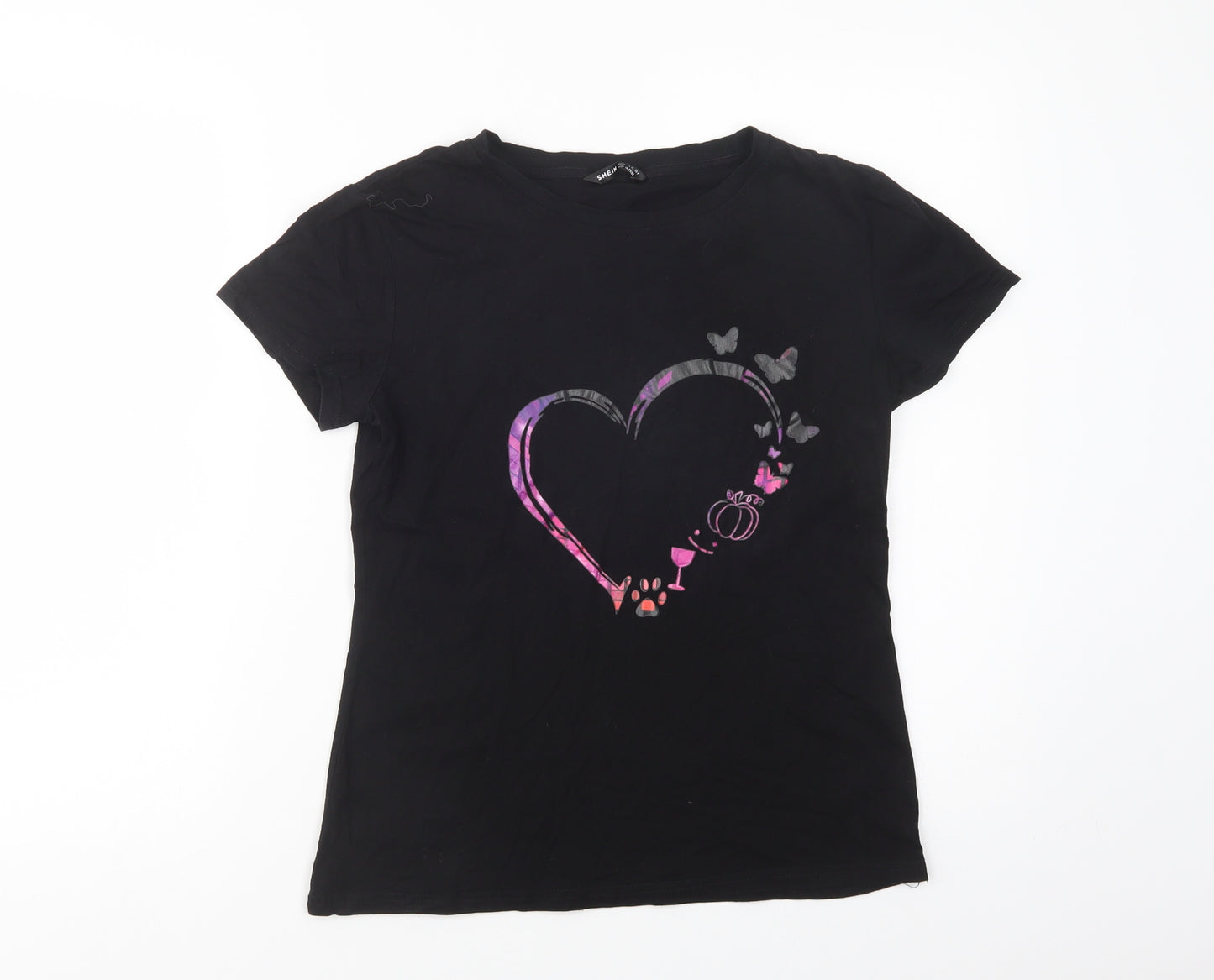 SheIn Womens Black  Cotton Basic T-Shirt Size M Crew Neck - Heart