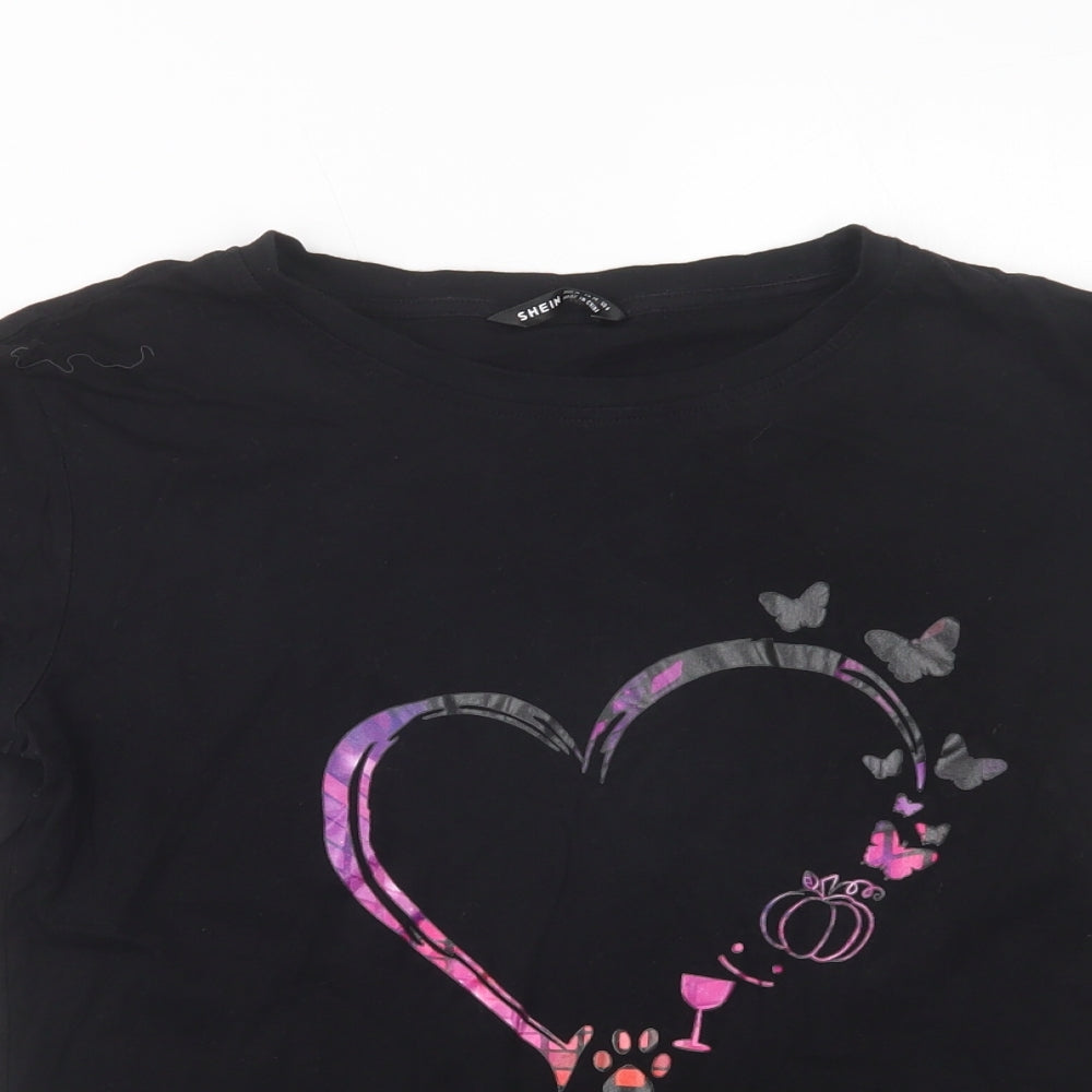 SheIn Womens Black  Cotton Basic T-Shirt Size M Crew Neck - Heart