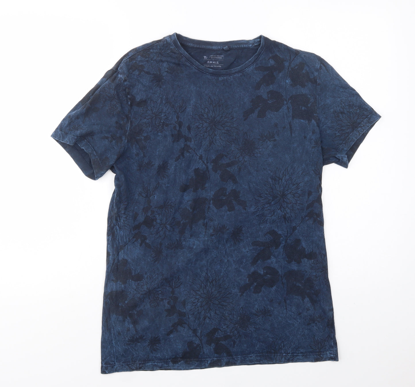 TU Mens Blue Floral Cotton  T-Shirt Size S Crew Neck