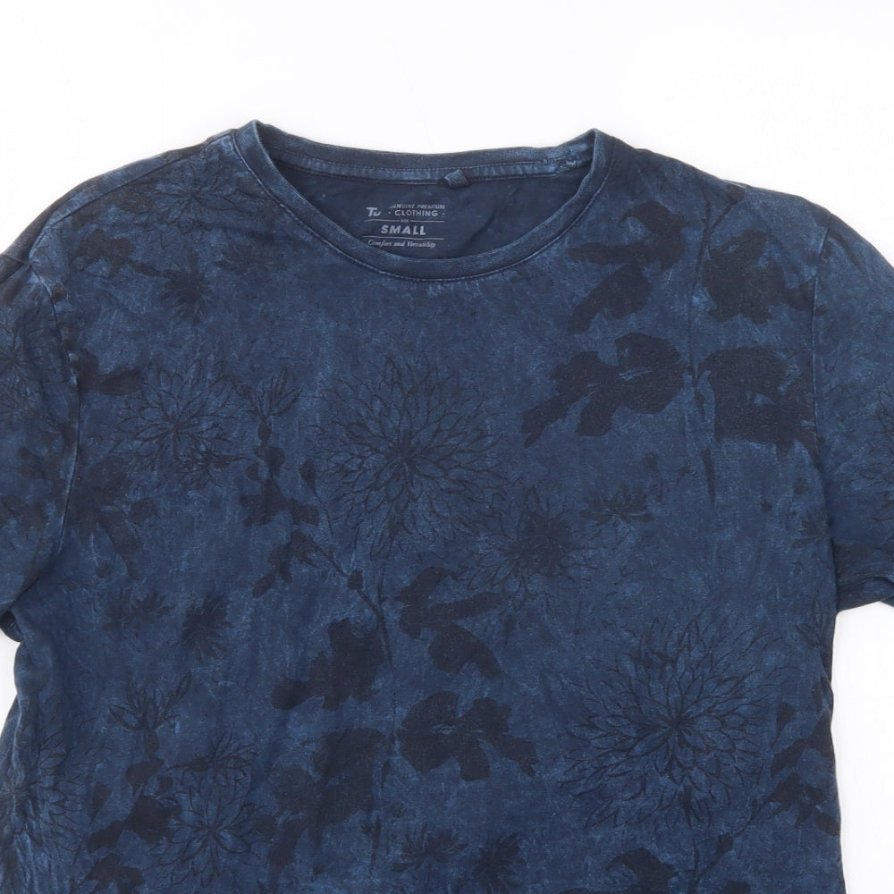 TU Mens Blue Floral Cotton  T-Shirt Size S Crew Neck