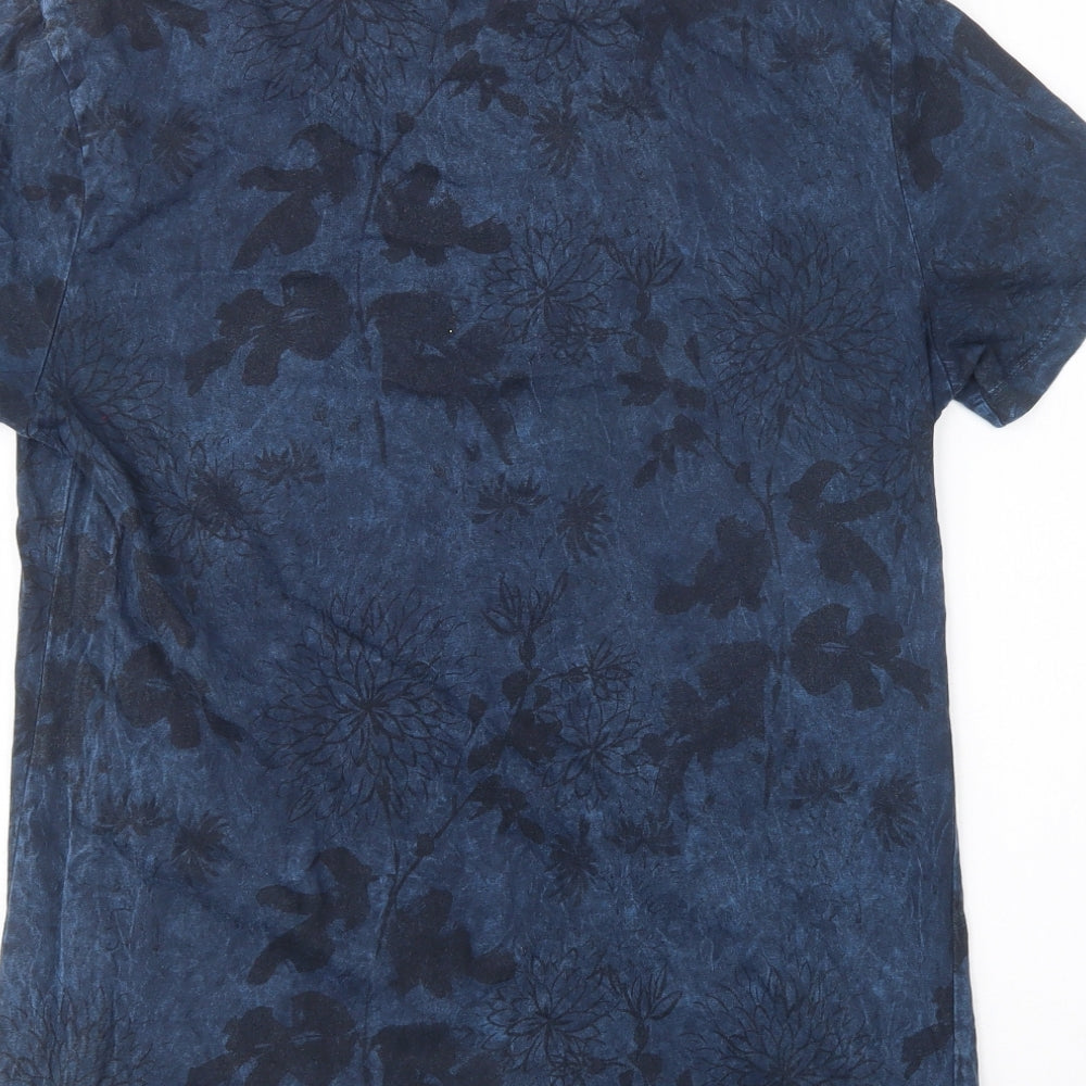 TU Mens Blue Floral Cotton  T-Shirt Size S Crew Neck