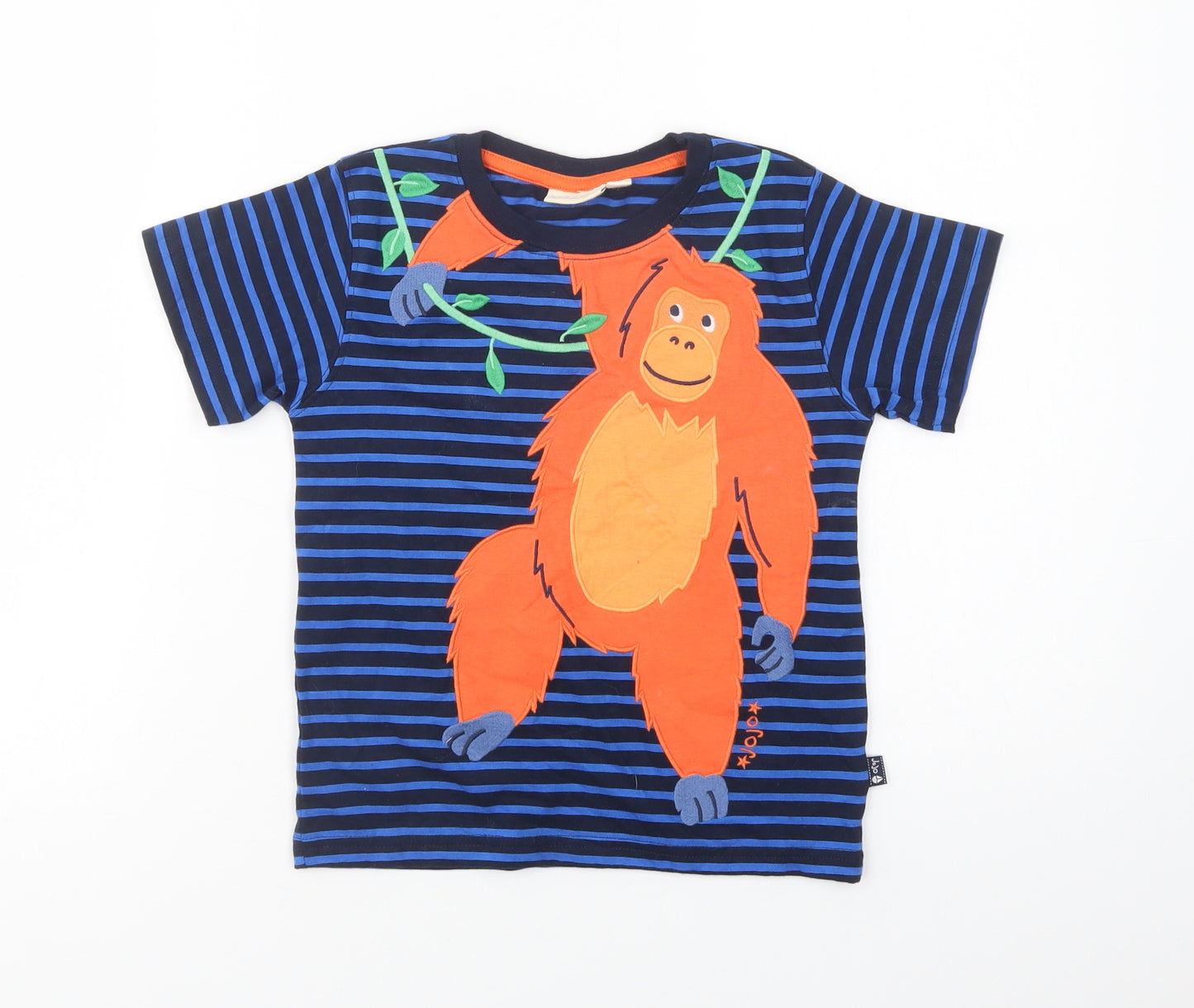JoJo Maman Bébé Girls Blue Striped Cotton Pullover T-Shirt Size 5-6 Years Crew Neck Pullover - Orangutan