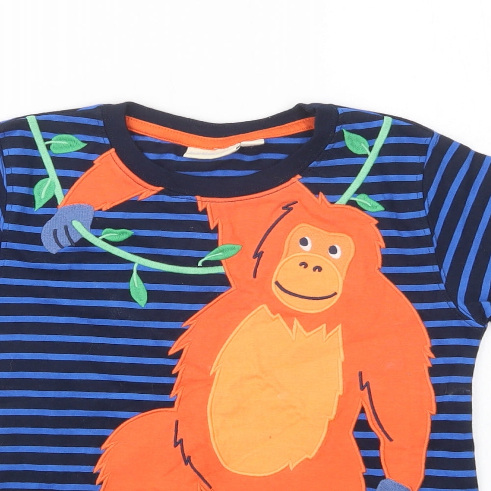 JoJo Maman Bébé Girls Blue Striped Cotton Pullover T-Shirt Size 5-6 Years Crew Neck Pullover - Orangutan