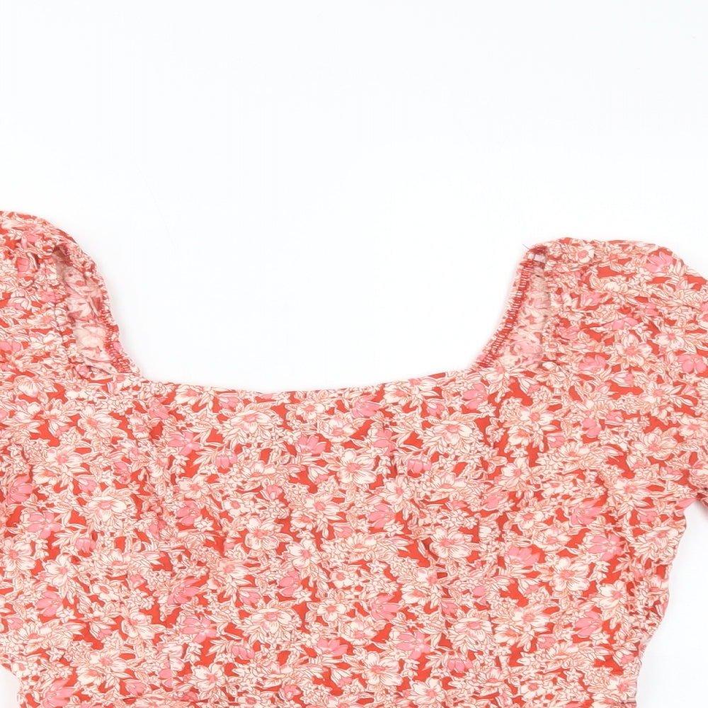 New Look Womens Red Floral Viscose Basic Blouse Size 12 Square Neck