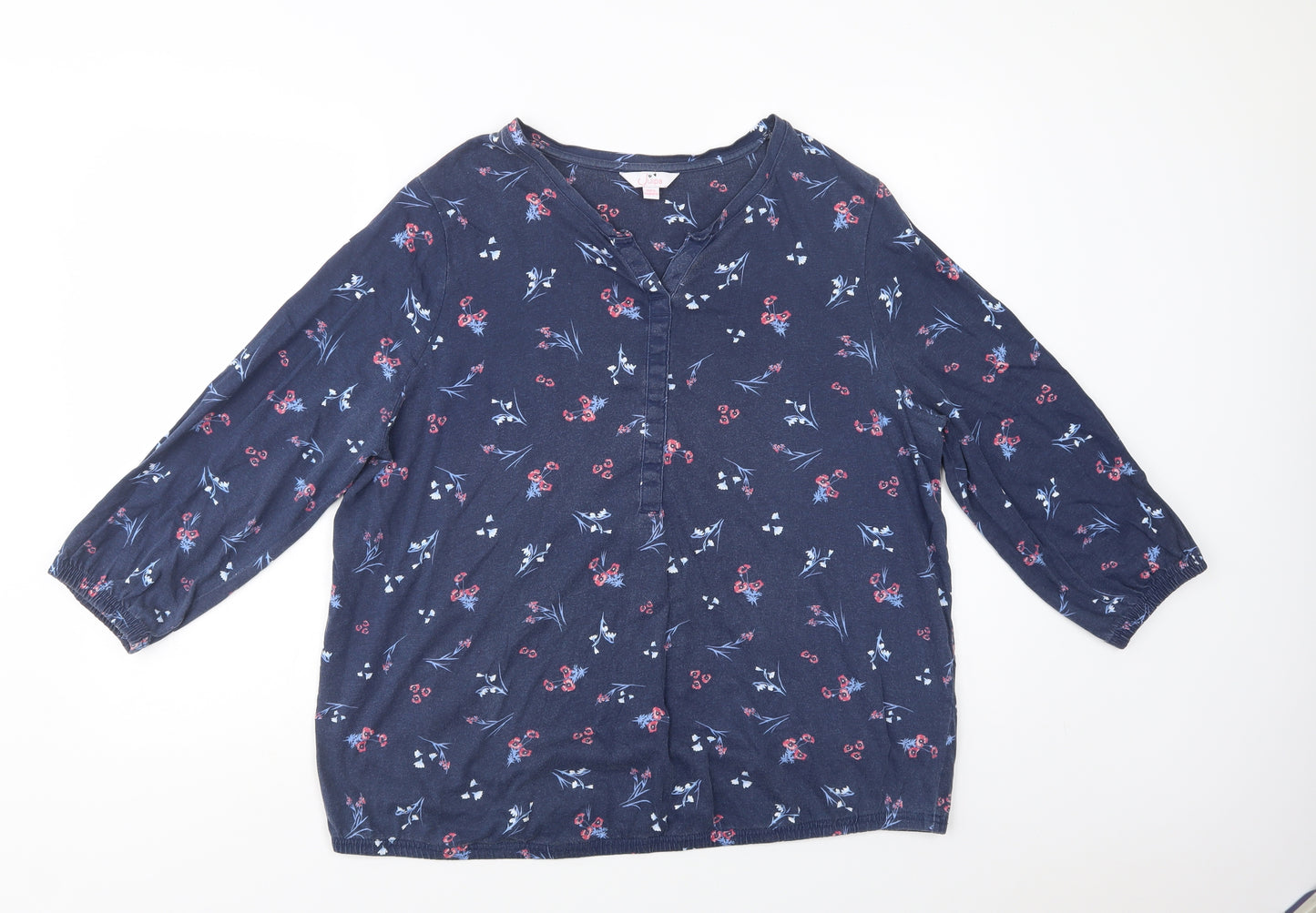 Julipa Womens Blue Floral Cotton Basic Blouse Size 20 V-Neck