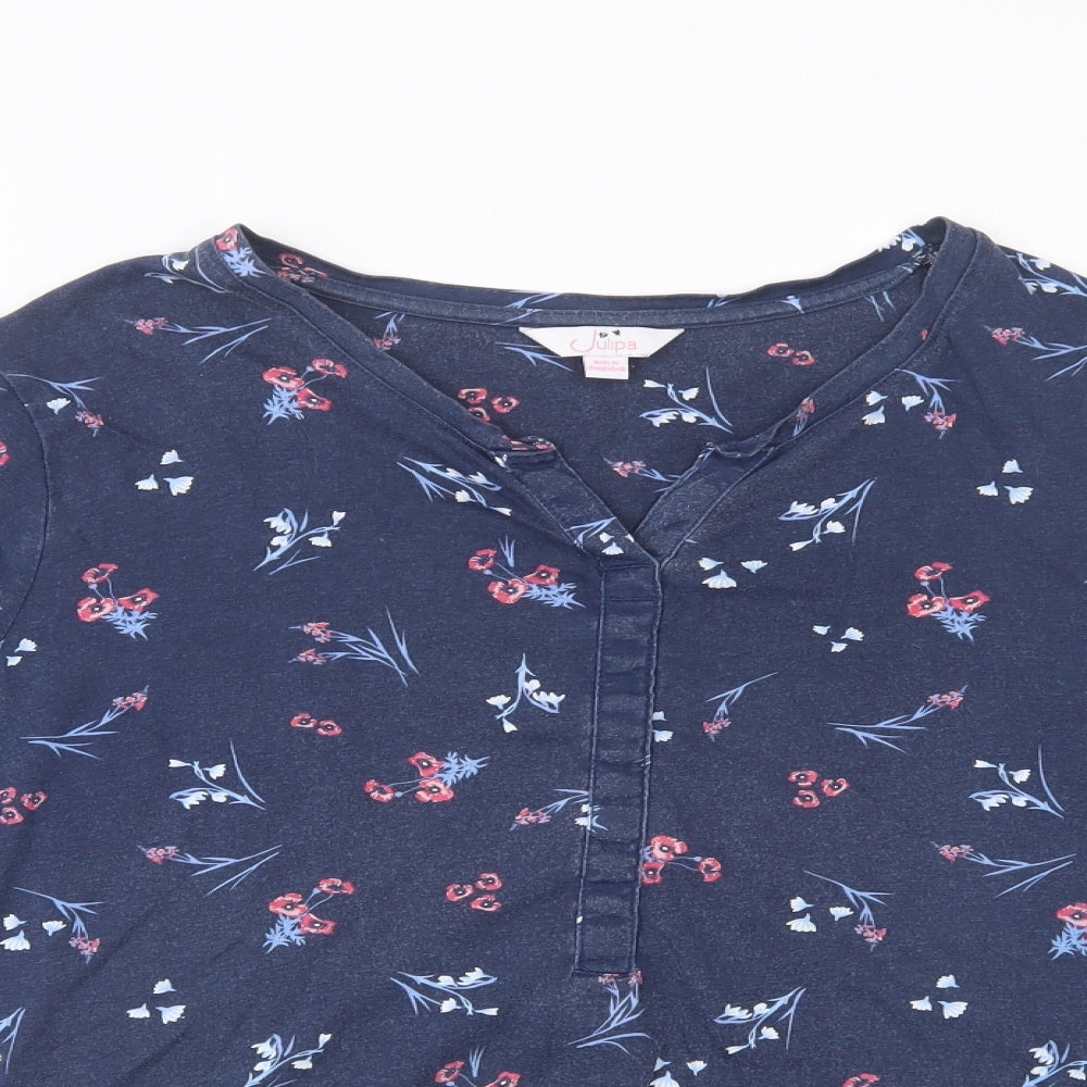 Julipa Womens Blue Floral Cotton Basic Blouse Size 20 V-Neck