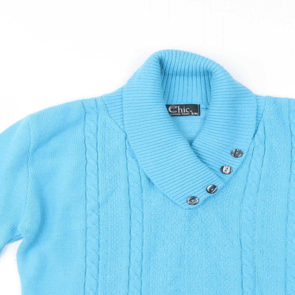 CHIC Womens Blue Collared  Acrylic Pullover Jumper Size S