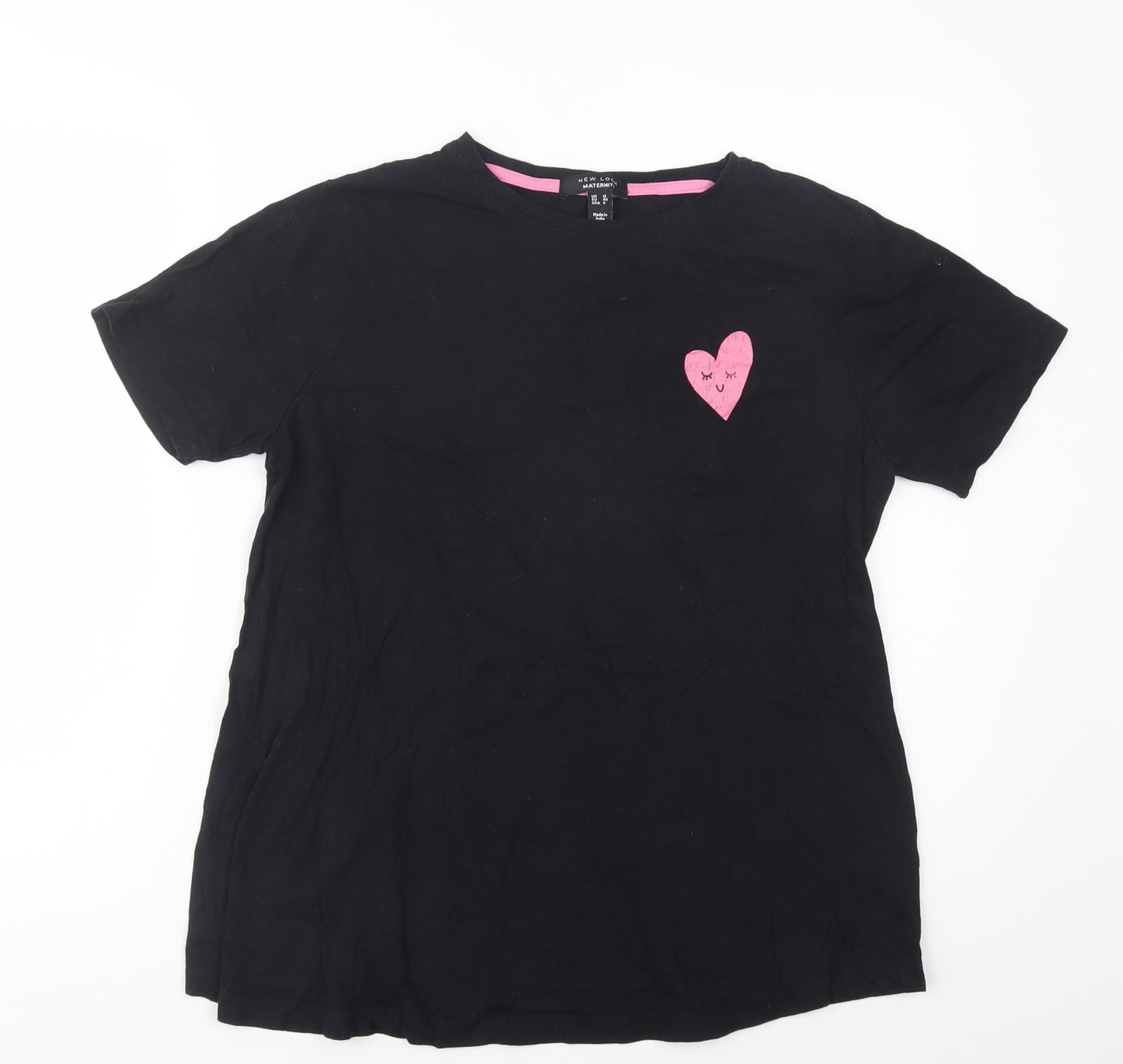 New Look Maternity Womens Black  Cotton Basic T-Shirt Size 12 Crew Neck - Heart