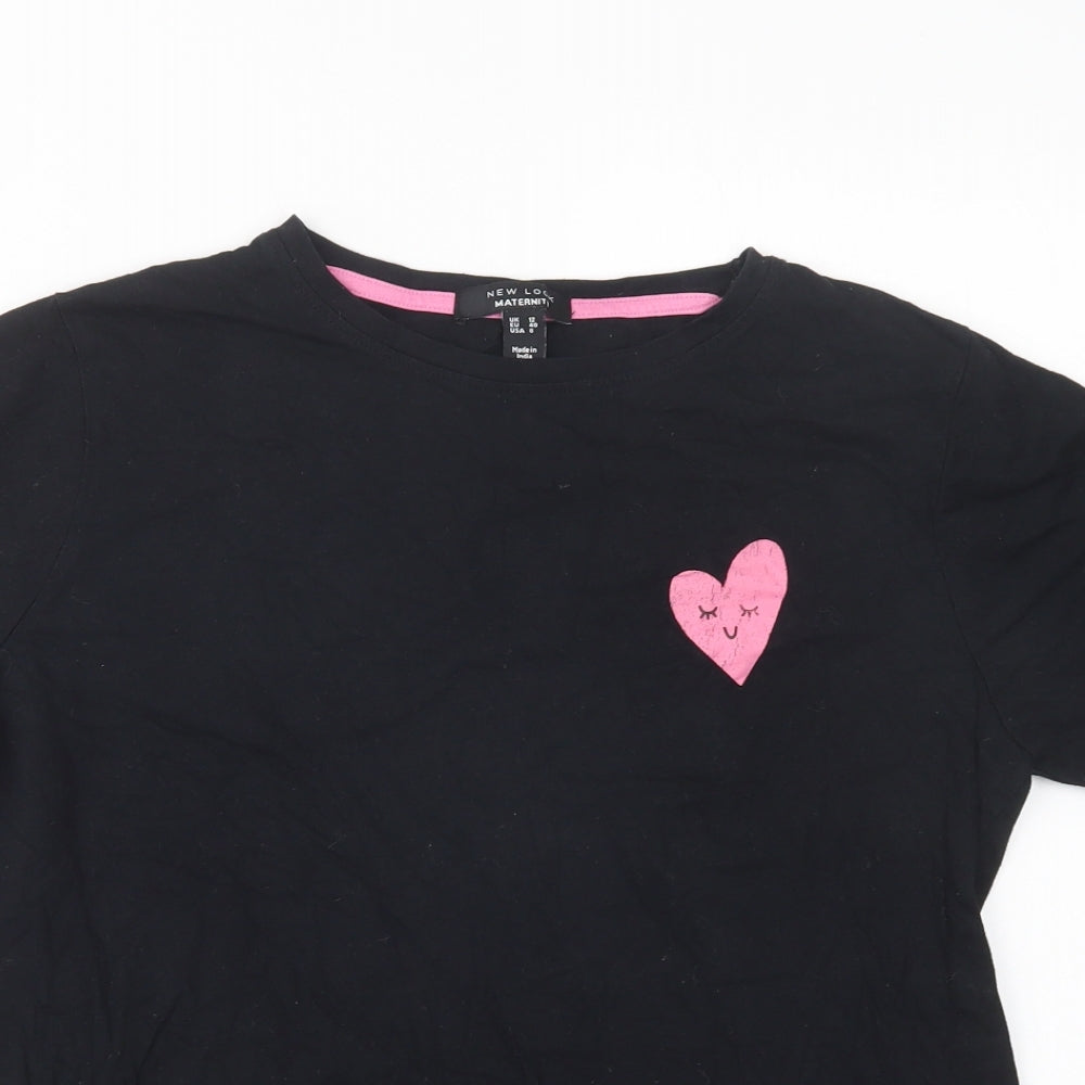 New Look Maternity Womens Black  Cotton Basic T-Shirt Size 12 Crew Neck - Heart