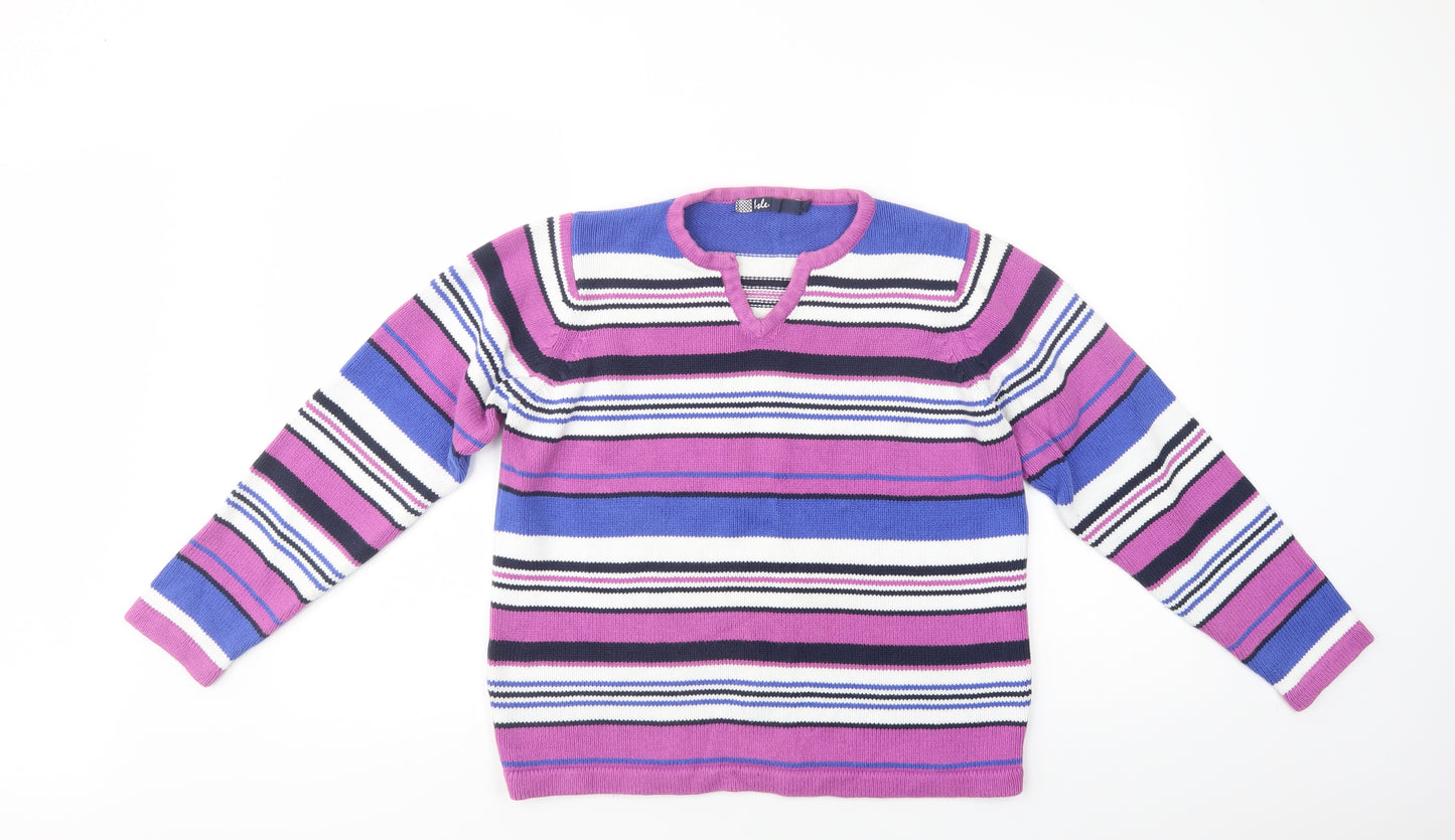 Isle Womens Purple V-Neck Striped Cotton Pullover Jumper Size M