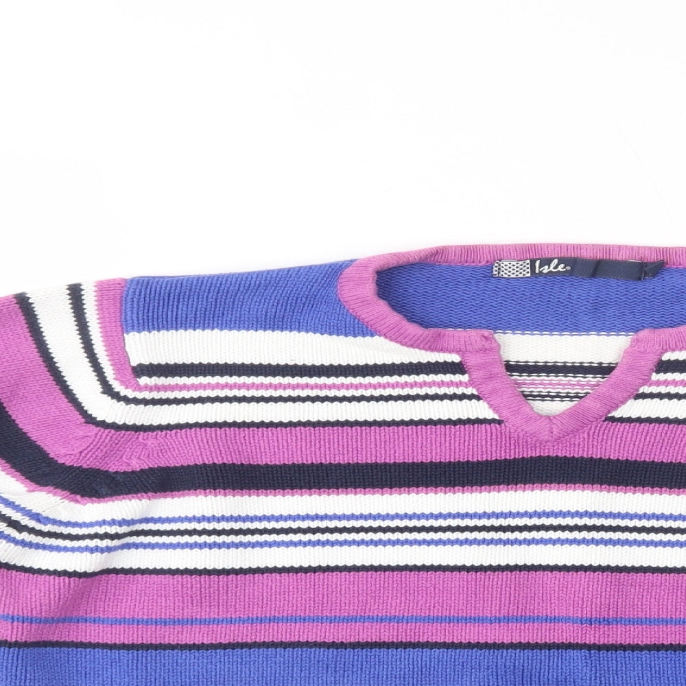 Isle Womens Purple V-Neck Striped Cotton Pullover Jumper Size M