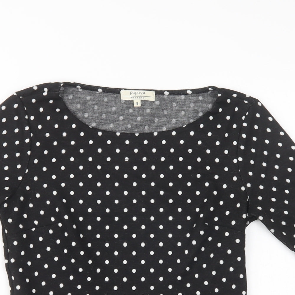 Papaya Womens Black Polka Dot Polyester Basic Blouse Size 8 Round Neck - Peplum
