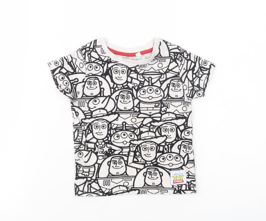 Front view of Next Baby White Geometric Cotton Basic T-Shirt, size 6-9, Months Crew Neck Pullover - Toy Story