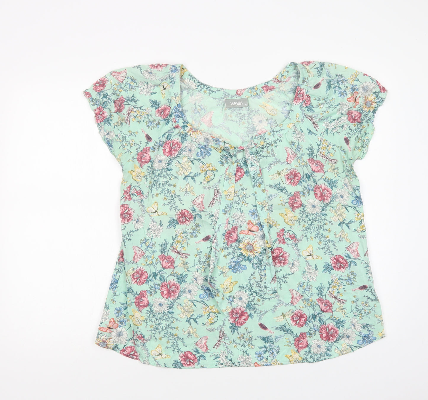 Wallis Womens Green Floral Cotton Basic Blouse Size M Scoop Neck