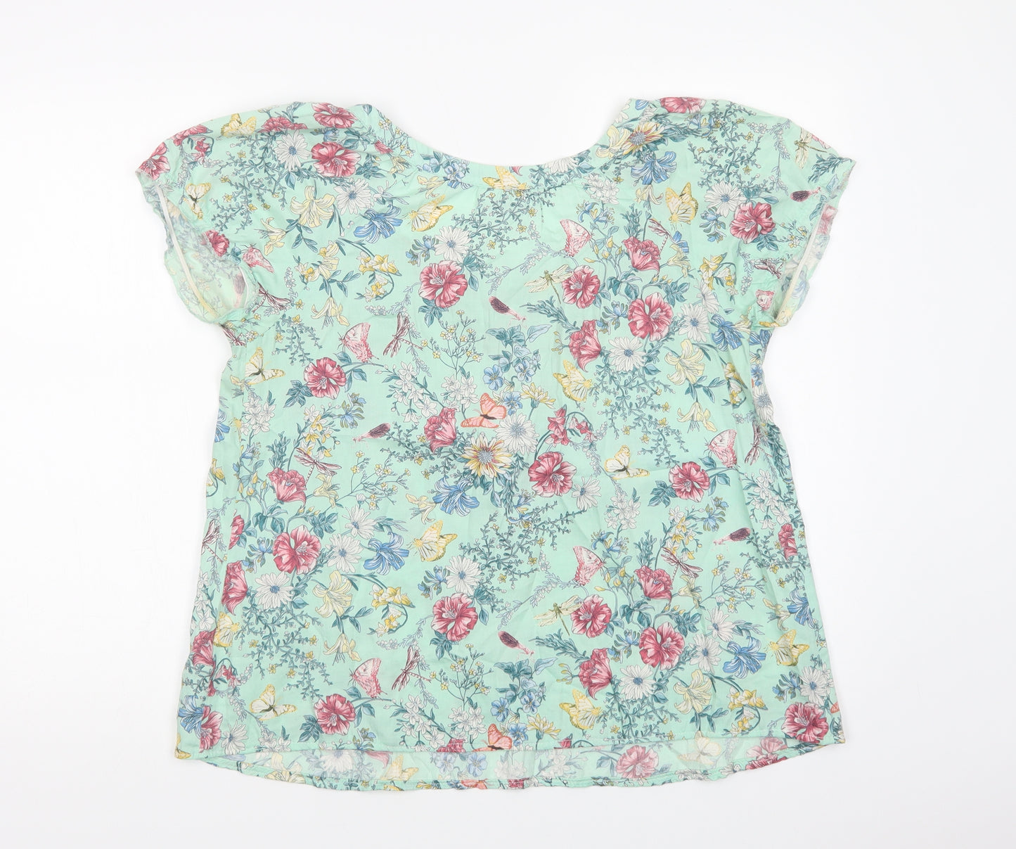 Wallis Womens Green Floral Cotton Basic Blouse Size M Scoop Neck