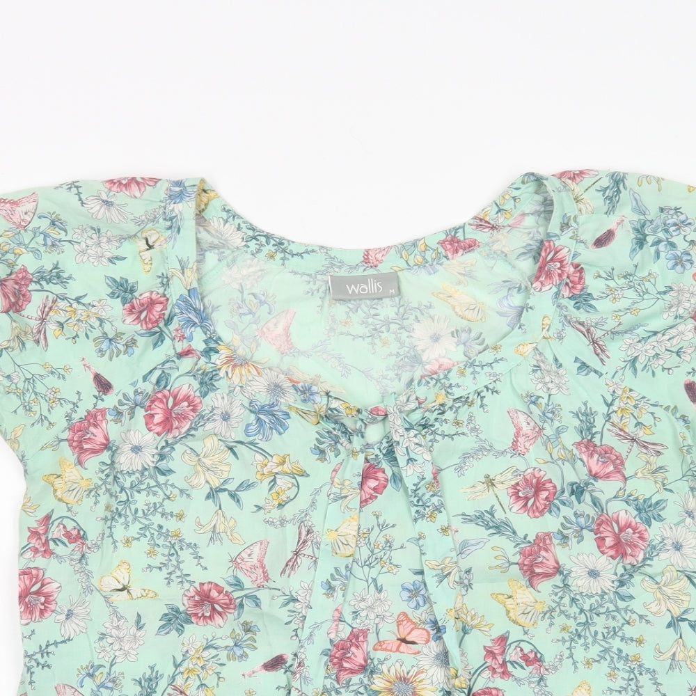 Wallis Womens Green Floral Cotton Basic Blouse Size M Scoop Neck